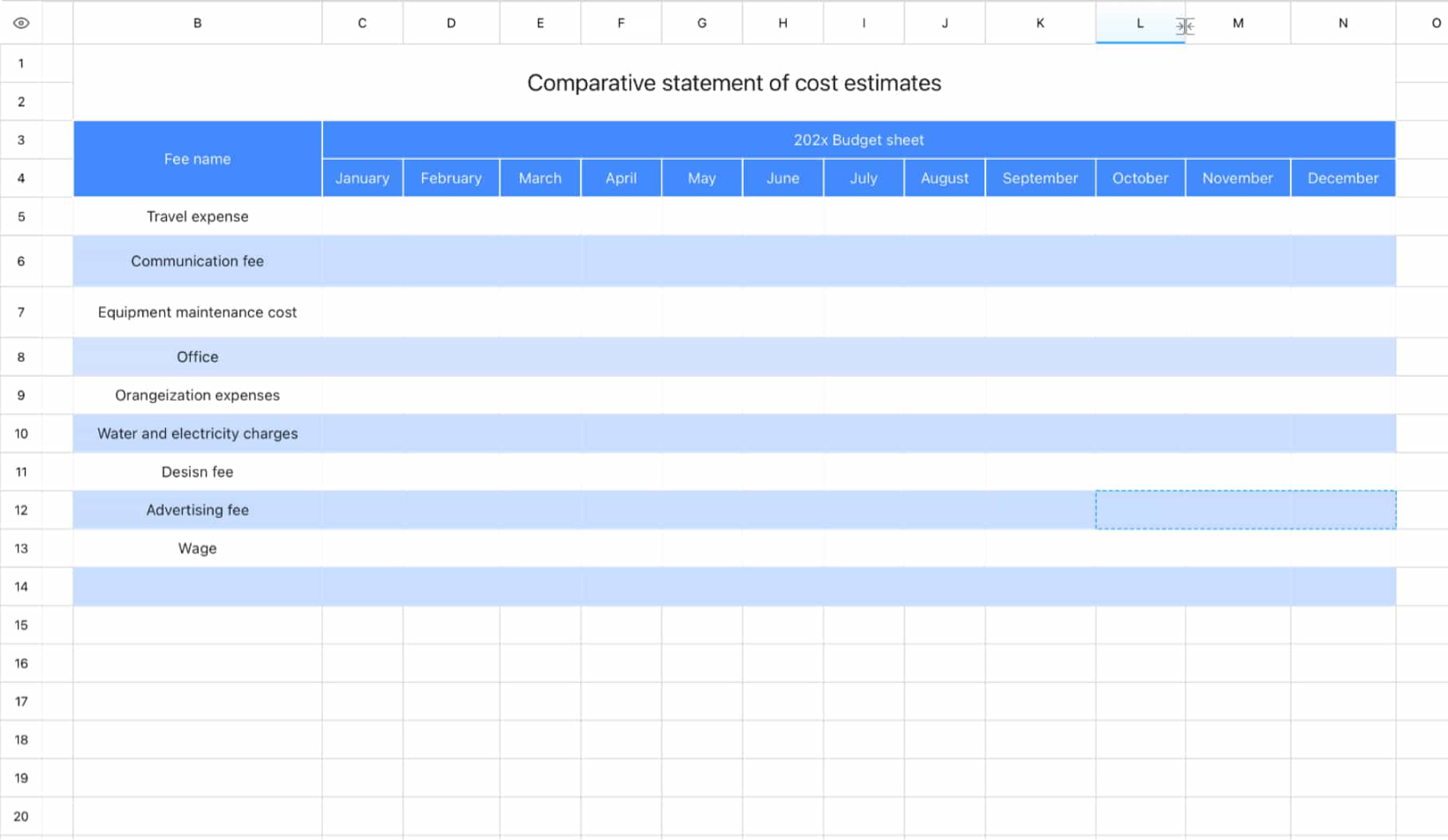 Expense budget comparison table